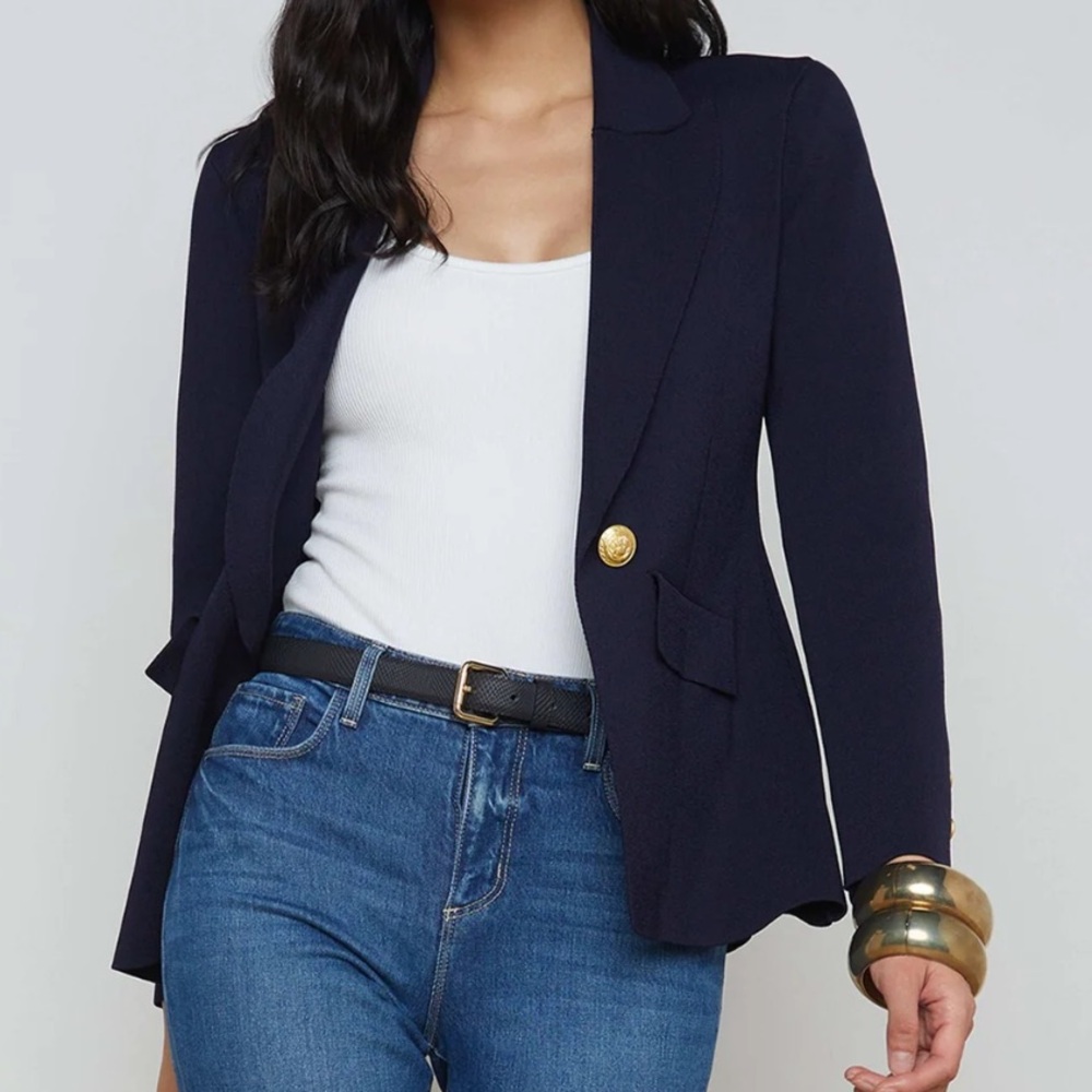 L'AGENCE Chamberlain Knit Navy Blue Blazer Structured Professional Jacket